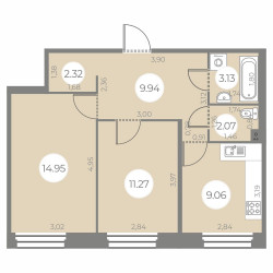 Двухкомнатная квартира 52.74 м²