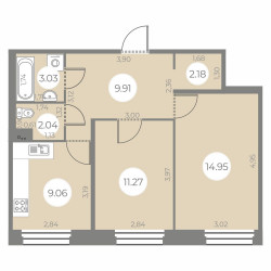 Двухкомнатная квартира 52.44 м²