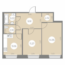 Двухкомнатная квартира 52.84 м²